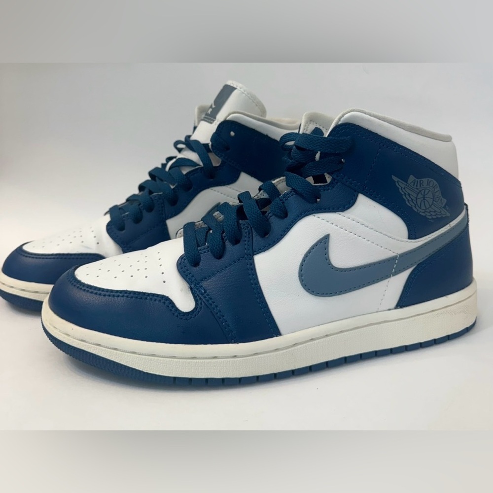 Nike Air Jordan 1 Mid White & Blue High-Top Sneakers